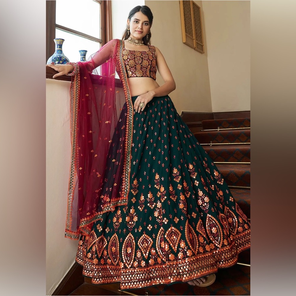 Embroidered Georgette Lehenga in Dark Teal Green